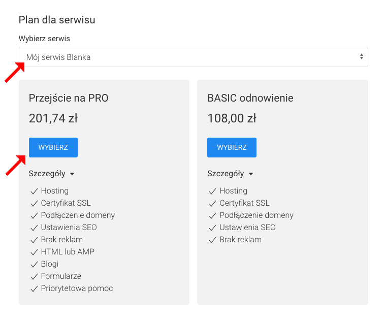 wybierz plan płatny dla strony internetowej